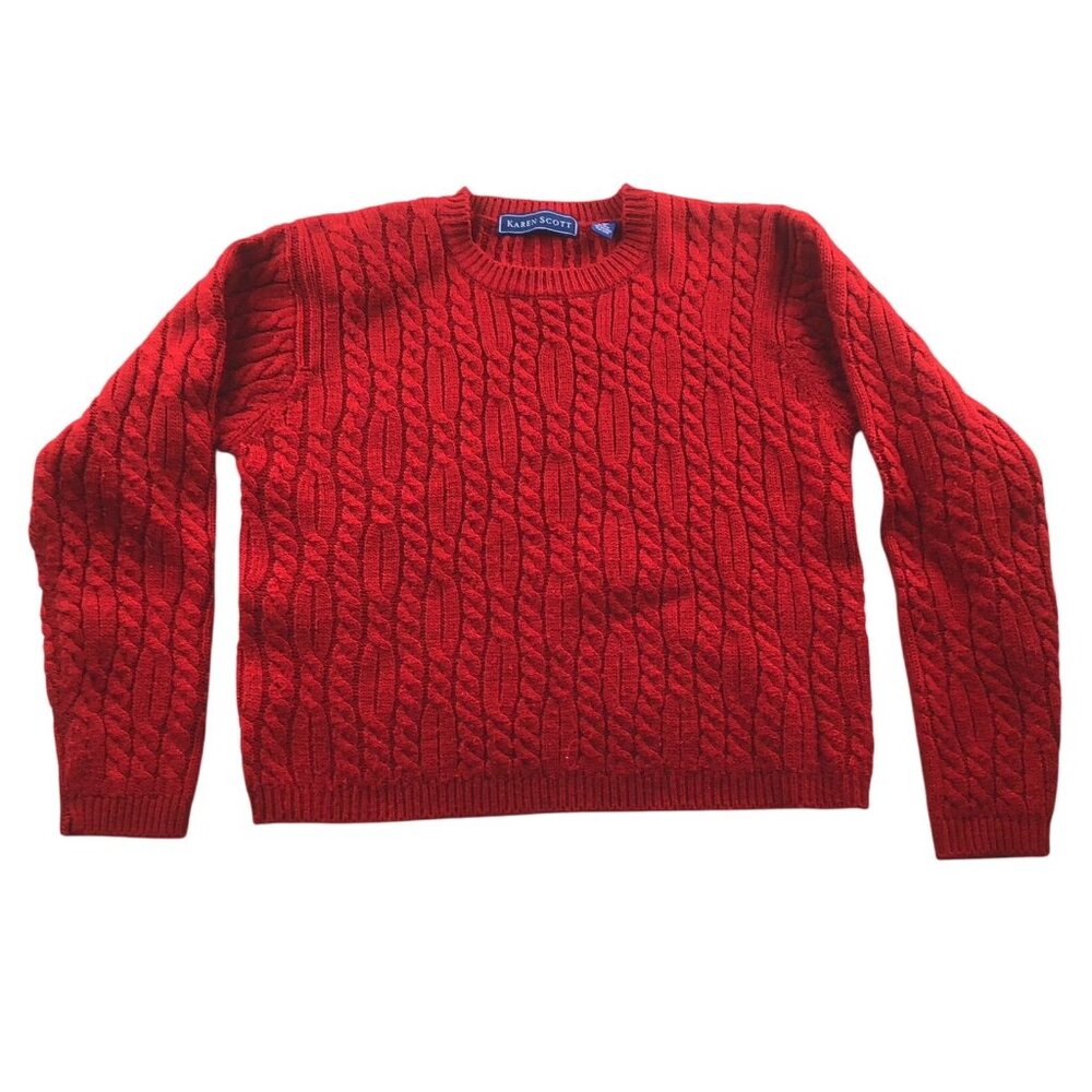 Karen Scott Womens Sweater Medium Crew Neck Pullover Cable Knit Cozy Red Casual
